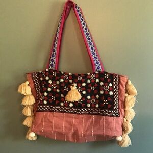 Small boho tote. Beaded shells, embroidery. Mixed media. Patchwork. Beach summer